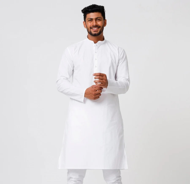 White Solid Cotton Kurta Men's