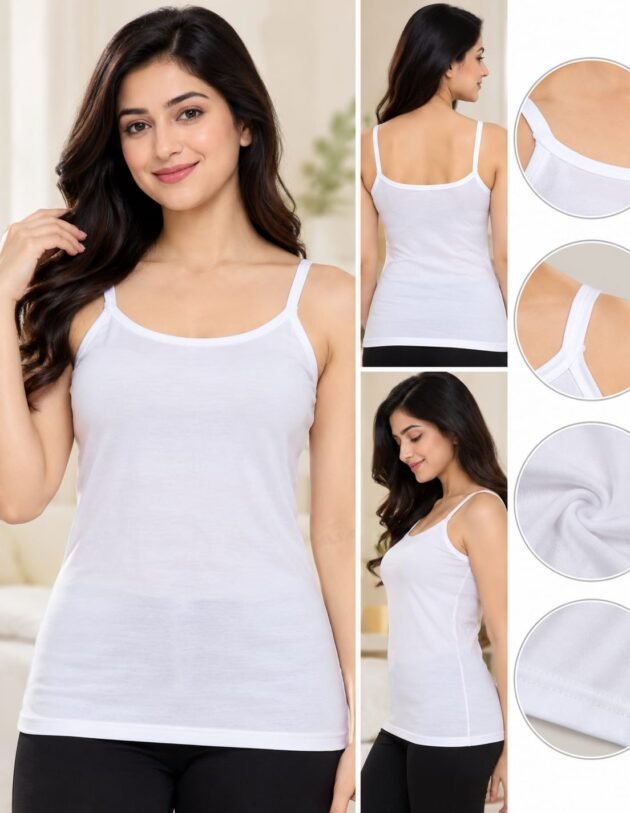 Women’s White Cotton Blend Spaghetti Strap Slip – Sleeveless Innerwear Camisole