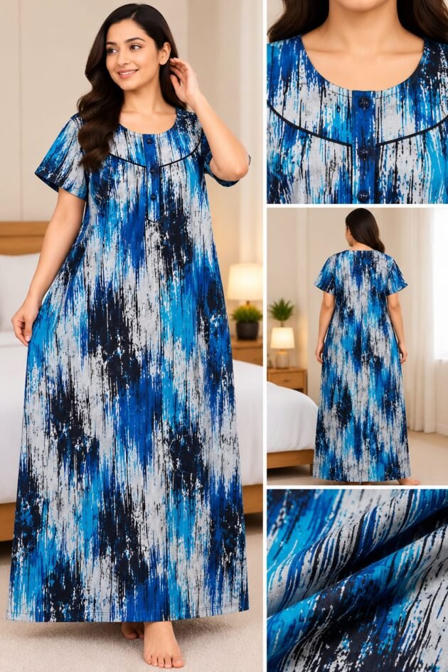 Women’s Abstract Printed Long Gown | Short Sleeve Stylish Nighty for Women