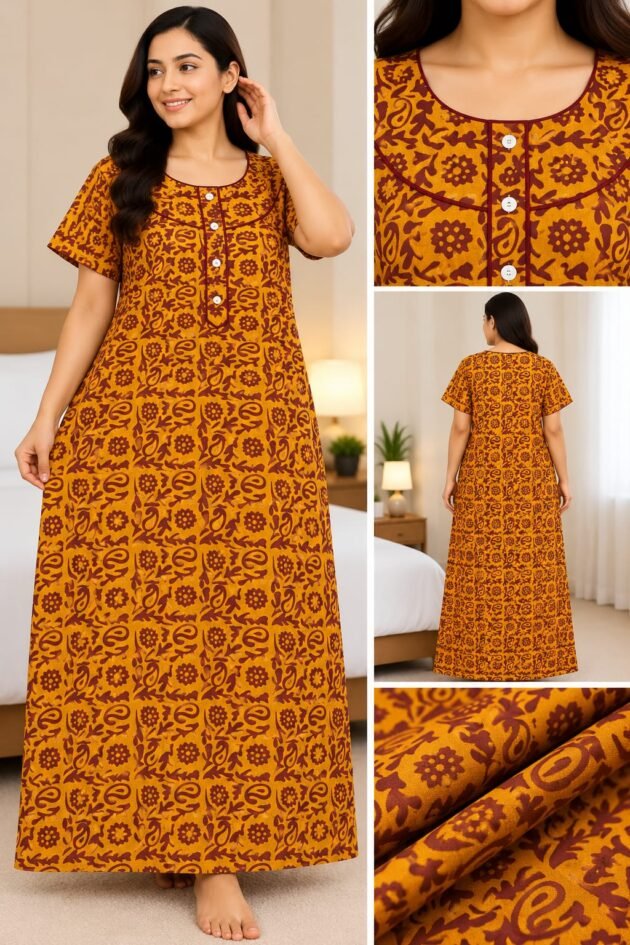 Women’s Printed Nighty – Short Sleeve Round Neck Button Front Long Nightwear Gown