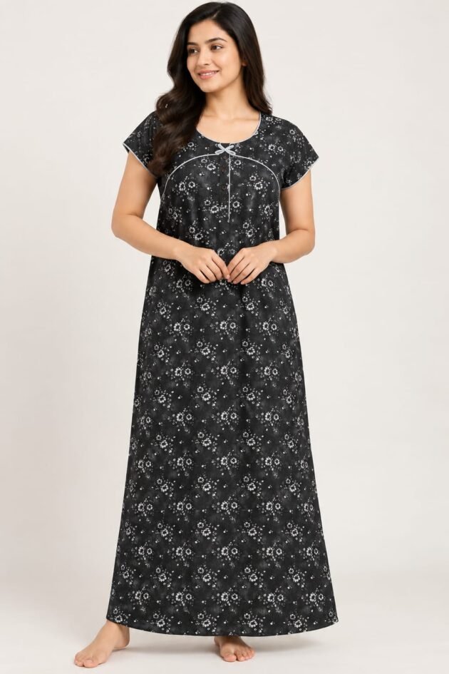 Women's Floral Printed Cotton Nighty with Round Neck & Short Sleeves