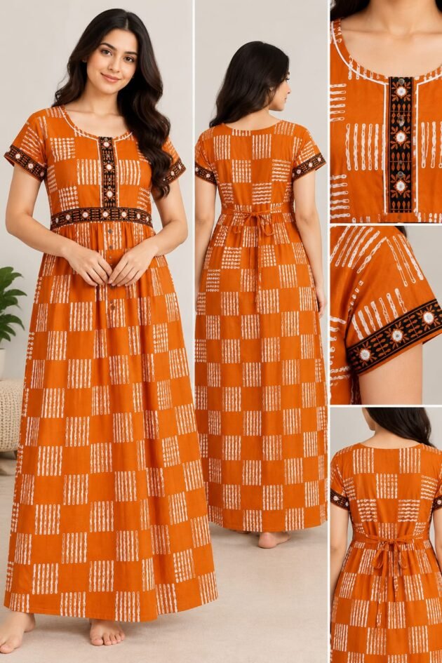 Women’s Orange Printed Maxi Gown with Round Neck, Short Sleeves & Back Tie Detail
