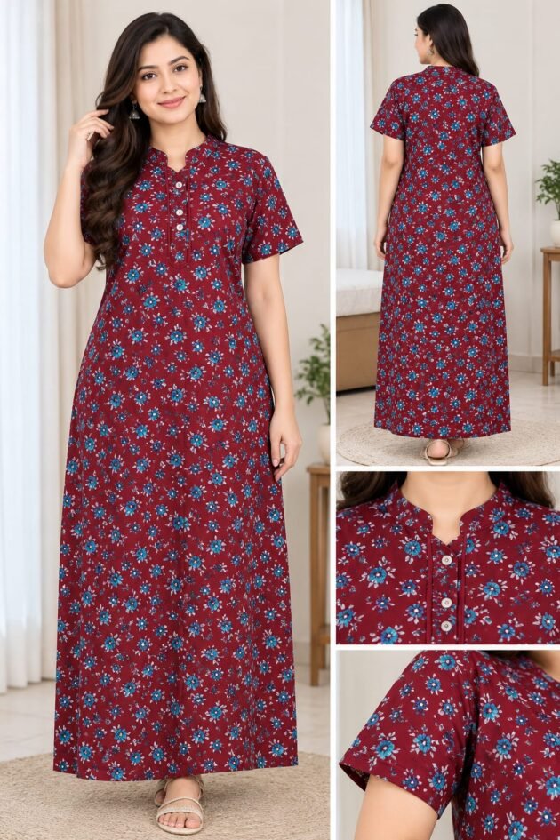 Women’s Elegant Floral Printed Long Gown with Mandarin Neck and Front Button Detailing