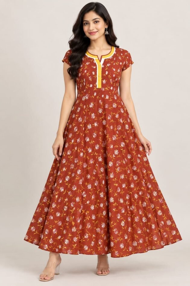 Women’s Elegant Floral Printed Anarkali Long Gown with Stylish V-Neck and Flared Silhouette