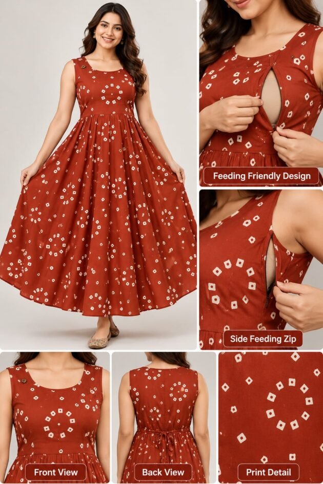 Women's Bandhani Print Feeding Gown with Side Feeding Zip, Sleeveless Round Neck and Back Tie