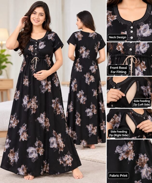 Women's Black Floral Print Feeding Gown with Double Side Feeding Zips, Short Sleeves, Front Buttons and Waist Drawstring