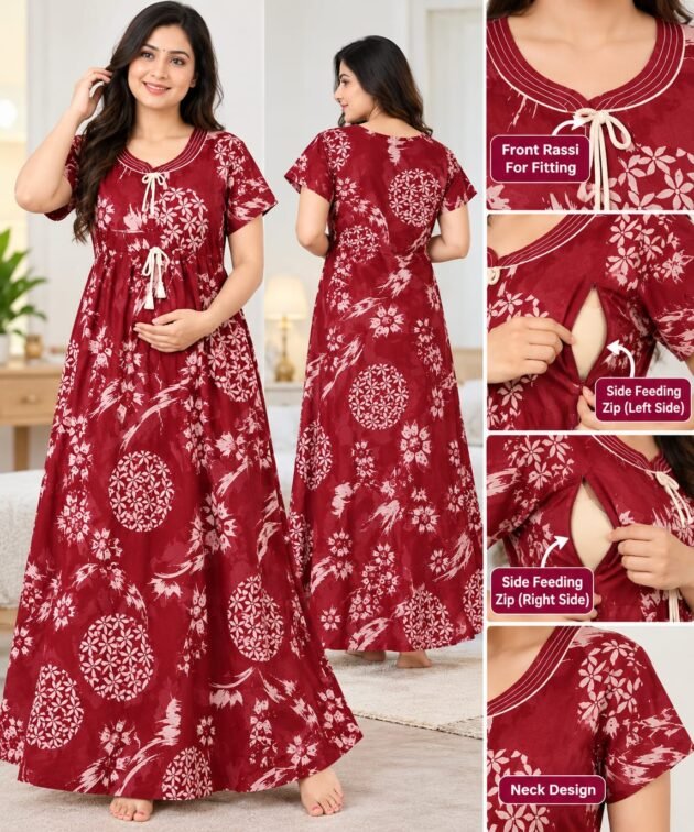 Women's Maroon Floral Print Feeding Gown with Dual Side Feeding Zips, Short Sleeves, Front Drawstring and Flared Design