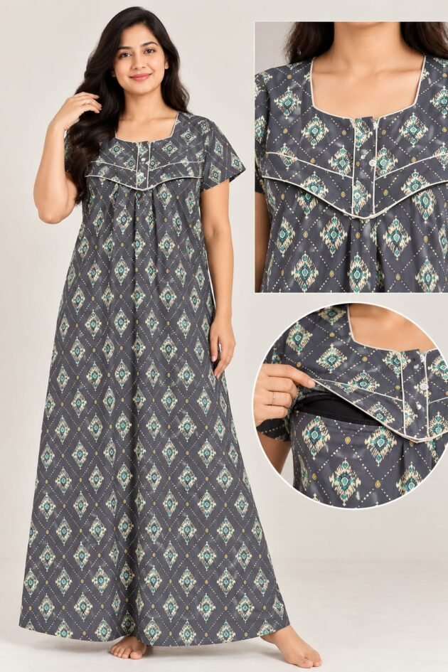 Women’s Print Feeding Nighty with Front Feeding Zip, Short Sleeves & Square Neck