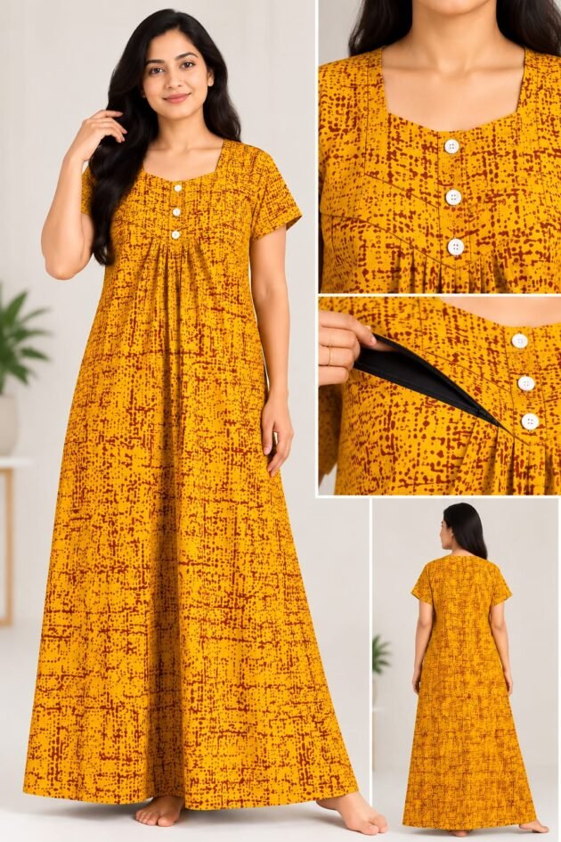 Women’s Mustard Yellow Printed Feeding Nighty | Front Zip Maternity & Nursing Maxi Gown