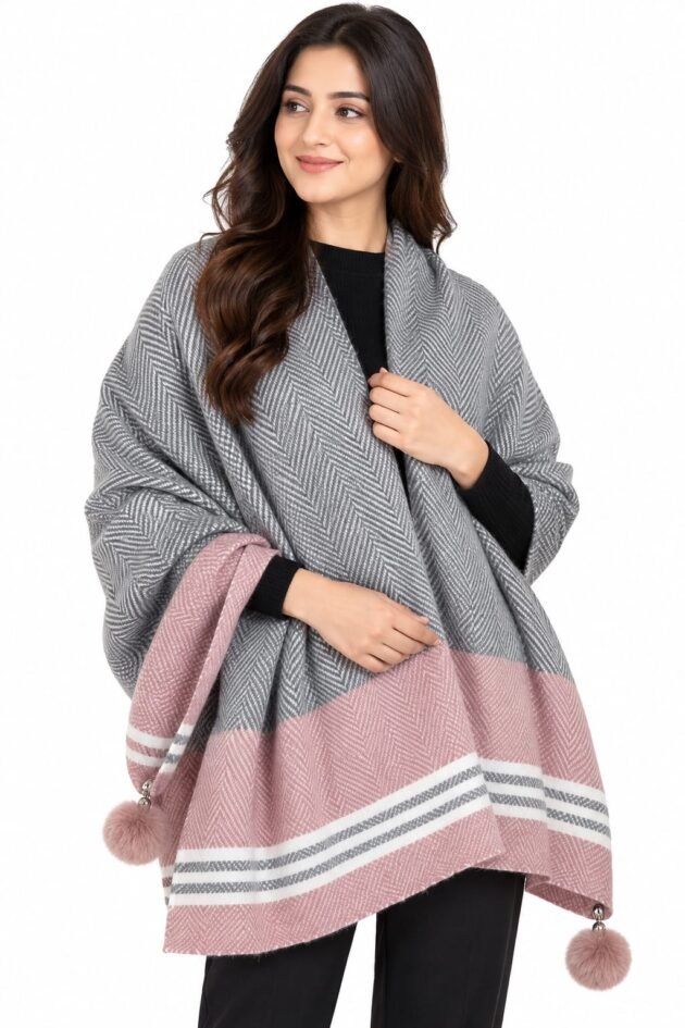 Multicolored Women's Woolen Shawl with Herringbone Pattern & Pom Pom Tassels