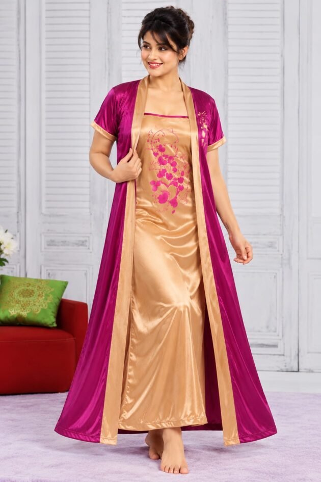 Satin Nightwear Gown with Matching Robe Jacket for Women