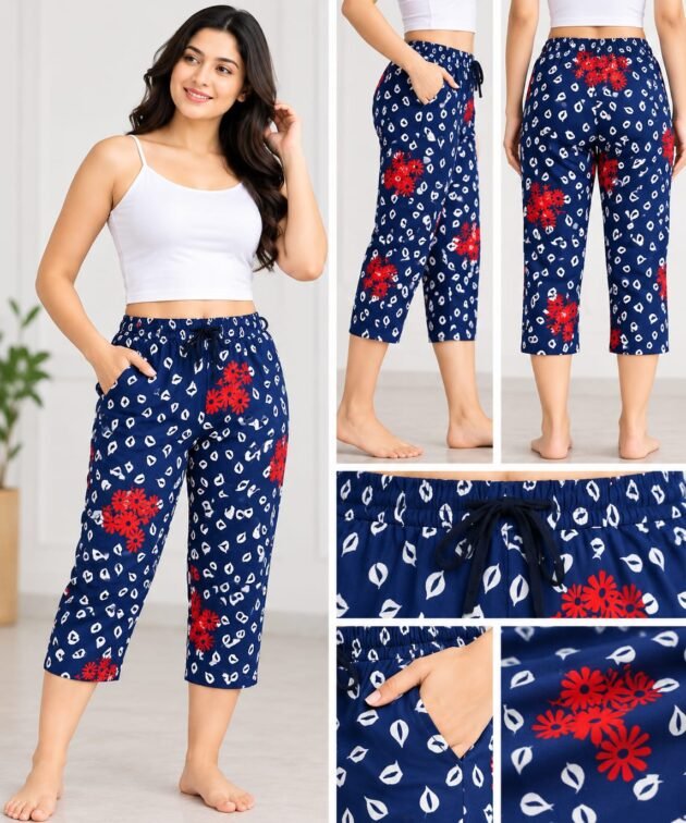 Women's Navy Blue Floral Printed Capri Pants with Elastic Waistband & Drawstring XL Size