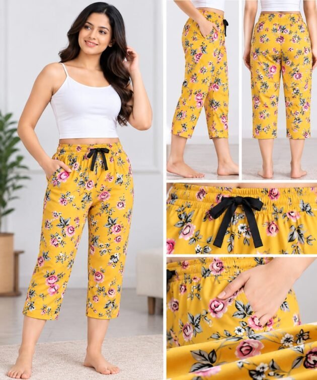 Women's Mustard Yellow Floral Printed Capri Pants with Elastic Waistband & Drawstring L Size