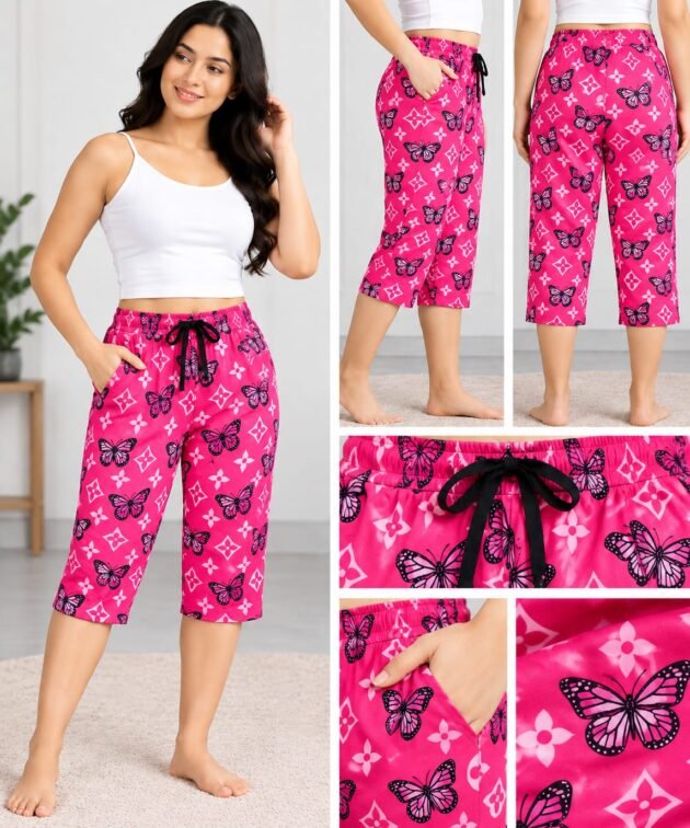 Women's Hot Pink Butterfly Printed Capri Pants with Elastic Waistband & Drawstring XXL Size