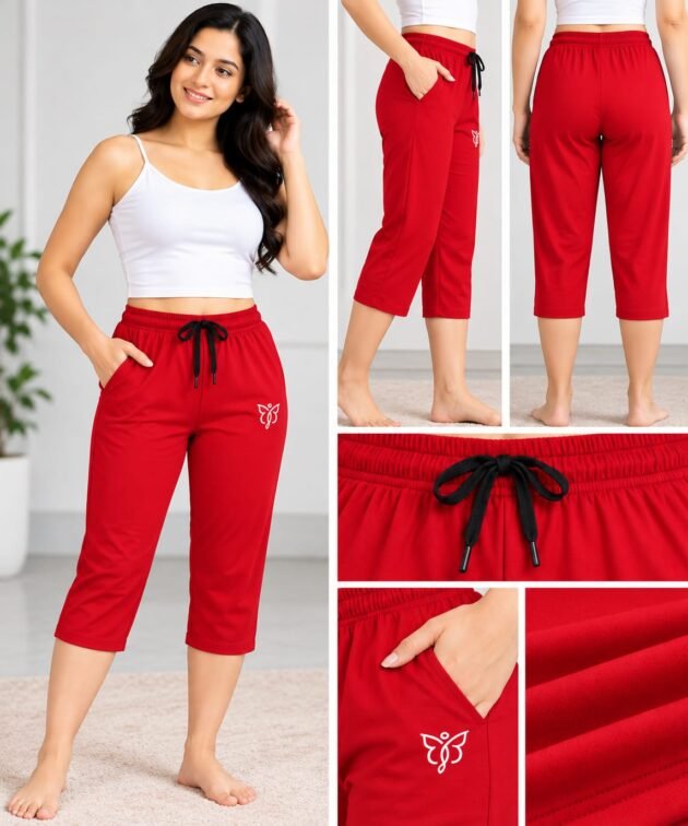 Women's Red Capri Pants with Elastic Waistband, Drawstring & Butterfly Detail XXL Size