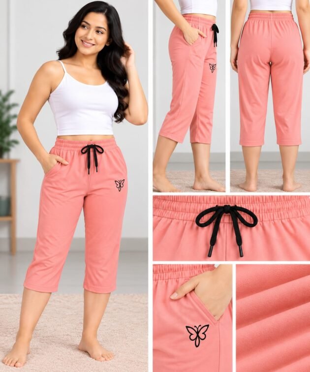Women's Peach Pink Capri Pants with Elastic Waistband, Drawstring & Butterfly Detail XXL Size