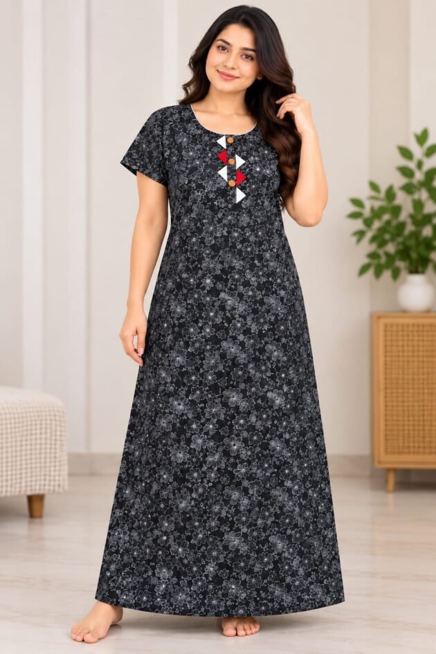 Women's Black Floral Printed Nighty with Short Sleeves, Round Neck & Button Detail