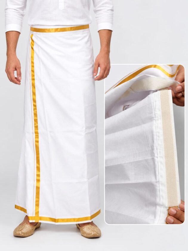 Readymade Men's White Dhoti with Golden Border and Self-Adhesive Velcro Closure