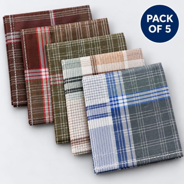 Men's Multicolour Cotton Handkerchiefs with Border | Pack of 5 Pocket Napkins