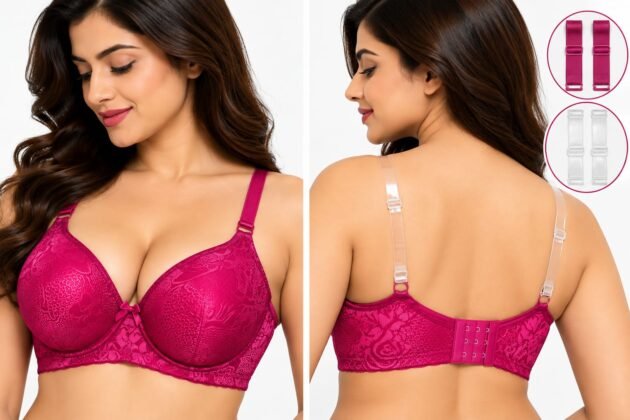 Women’s Foam Padded Floral Lace Bra with Removable Transparent & Regular Straps – Multicolor