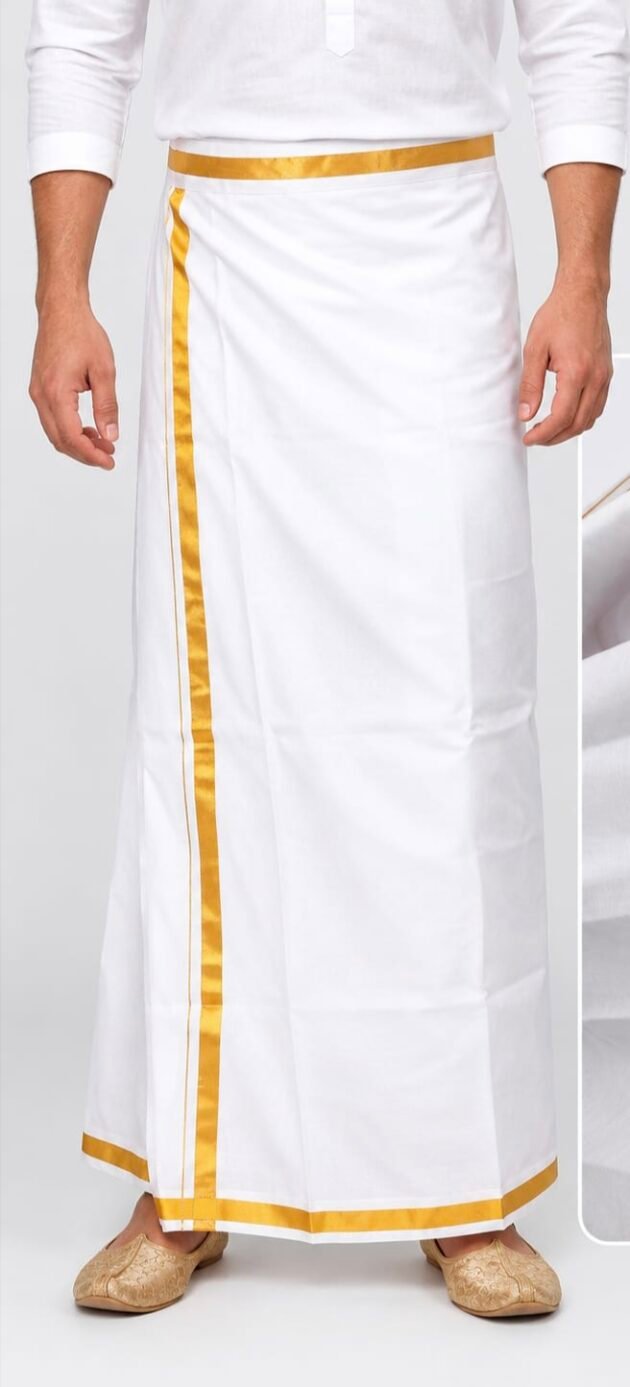Men's White Traditional Dhoti with Golden Zari Border