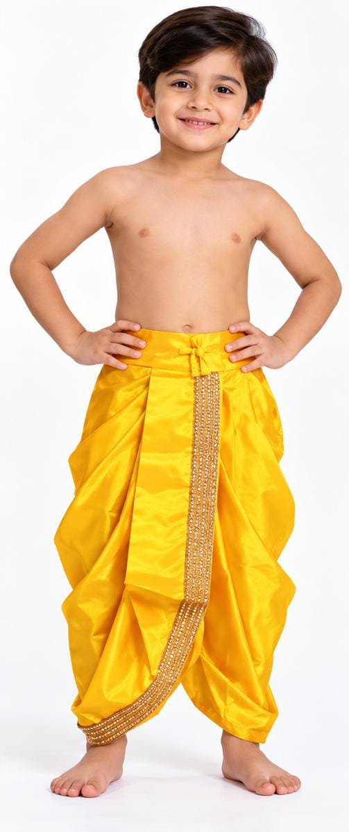 Boys Yellow Silk Readymade Traditional Dhoti with Golden Embellished Border