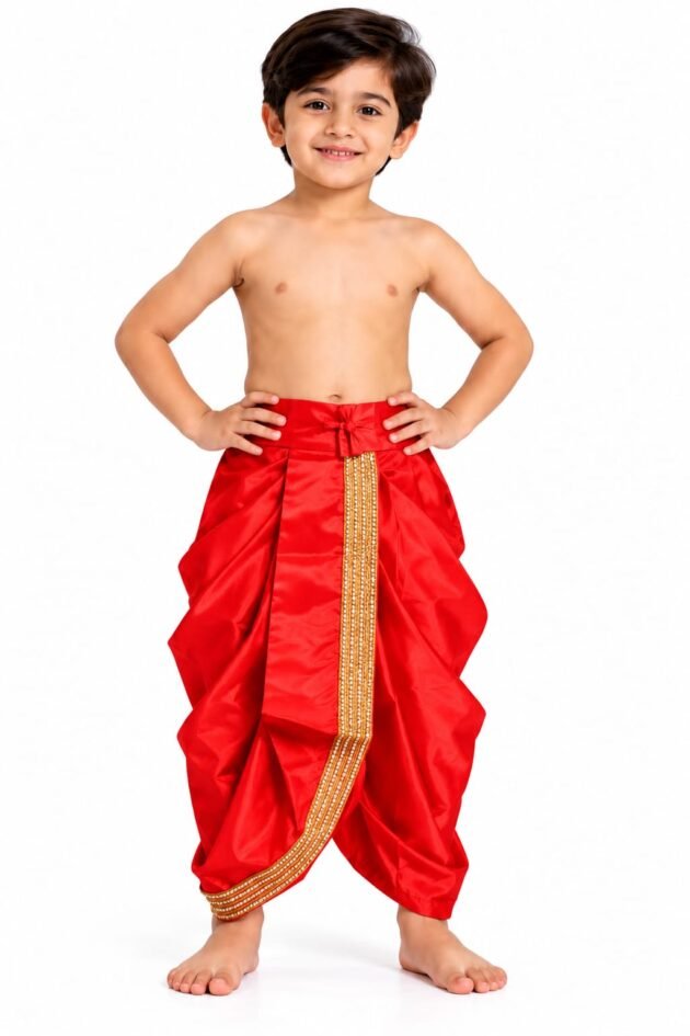 Boys Red Silk Readymade Traditional Dhoti with Golden Embellished Border