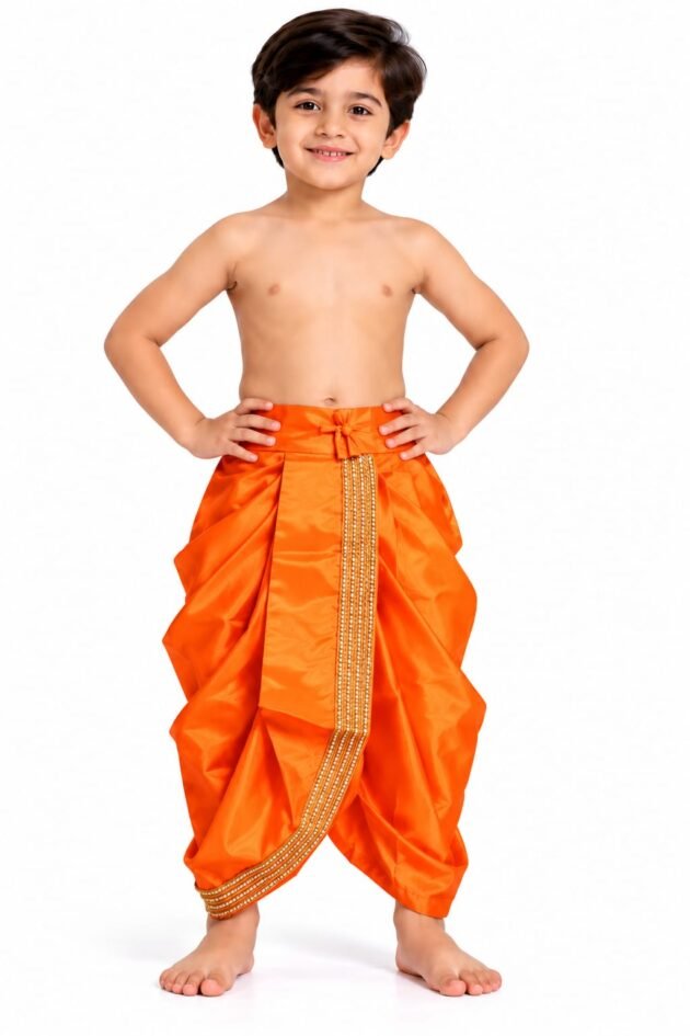 Boys Orange Silk Readymade Traditional Dhoti with Golden Embellished Border