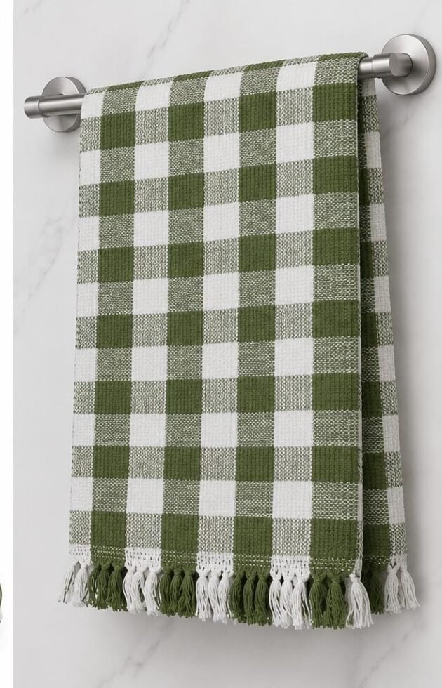 Cotton Towel with Tassel Border | Checkered Pattern Textured Towel for Daily Use