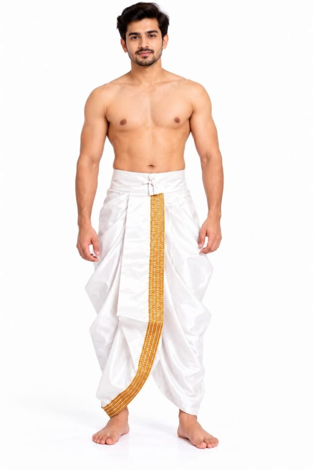 Men's White Silk Readymade Dhoti with Golden Border