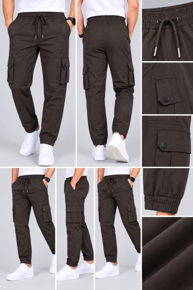 Men's Solid Cargo Jogger Pants with Elasticated Waistband, Drawstring & Multiple Utility Pockets – Dark Brown