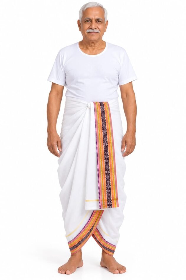 Men's Traditional White Dhoti with Multicolor Designer Border