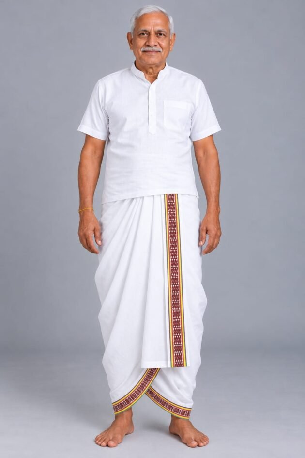 Men's Traditional White Dhoti with Maroon and Yellow Designer Border
