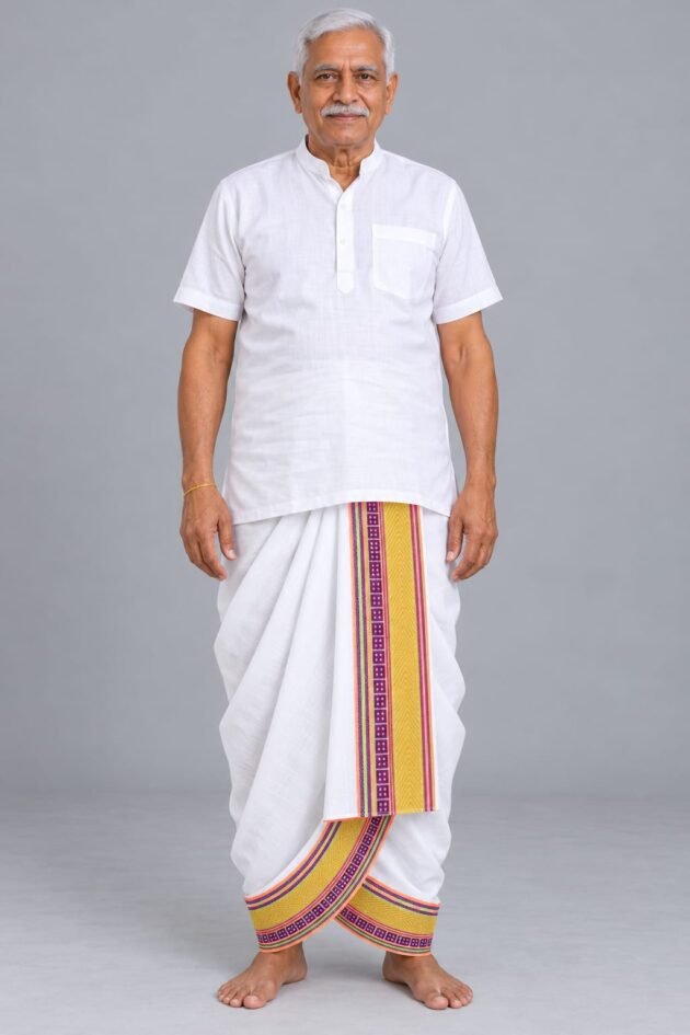 Men's Traditional White Dhoti with Yellow and Purple Designer Border
