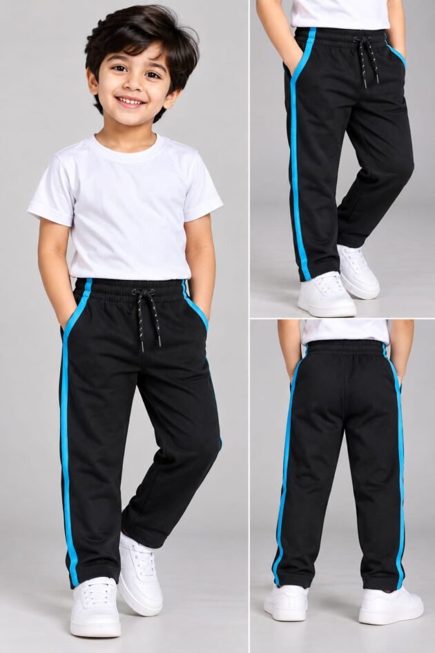 Boys Hosiery Track Pants with Contrast Side Stripe, Elastic Waistband & Adjustable Drawstring | Kids Sports Lower