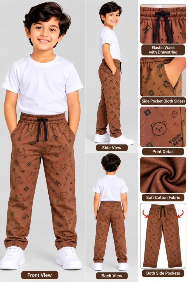 Boys Printed Cotton Track Pants with Elastic Waist & Drawstring