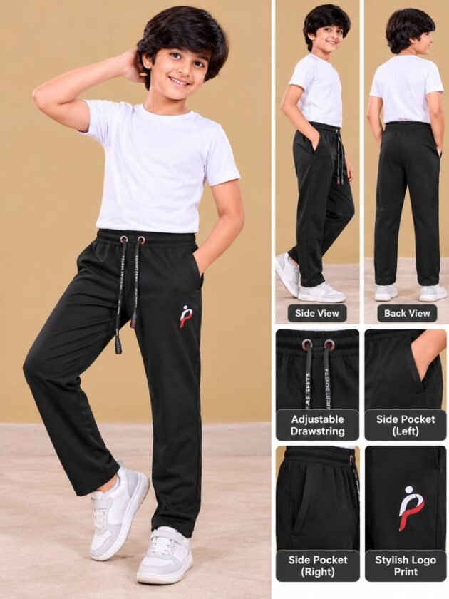 Kids Boys Stylish Track Pants with Adjustable Drawstring, Side Pockets & Logo Print | Casual Regular Fit Lower